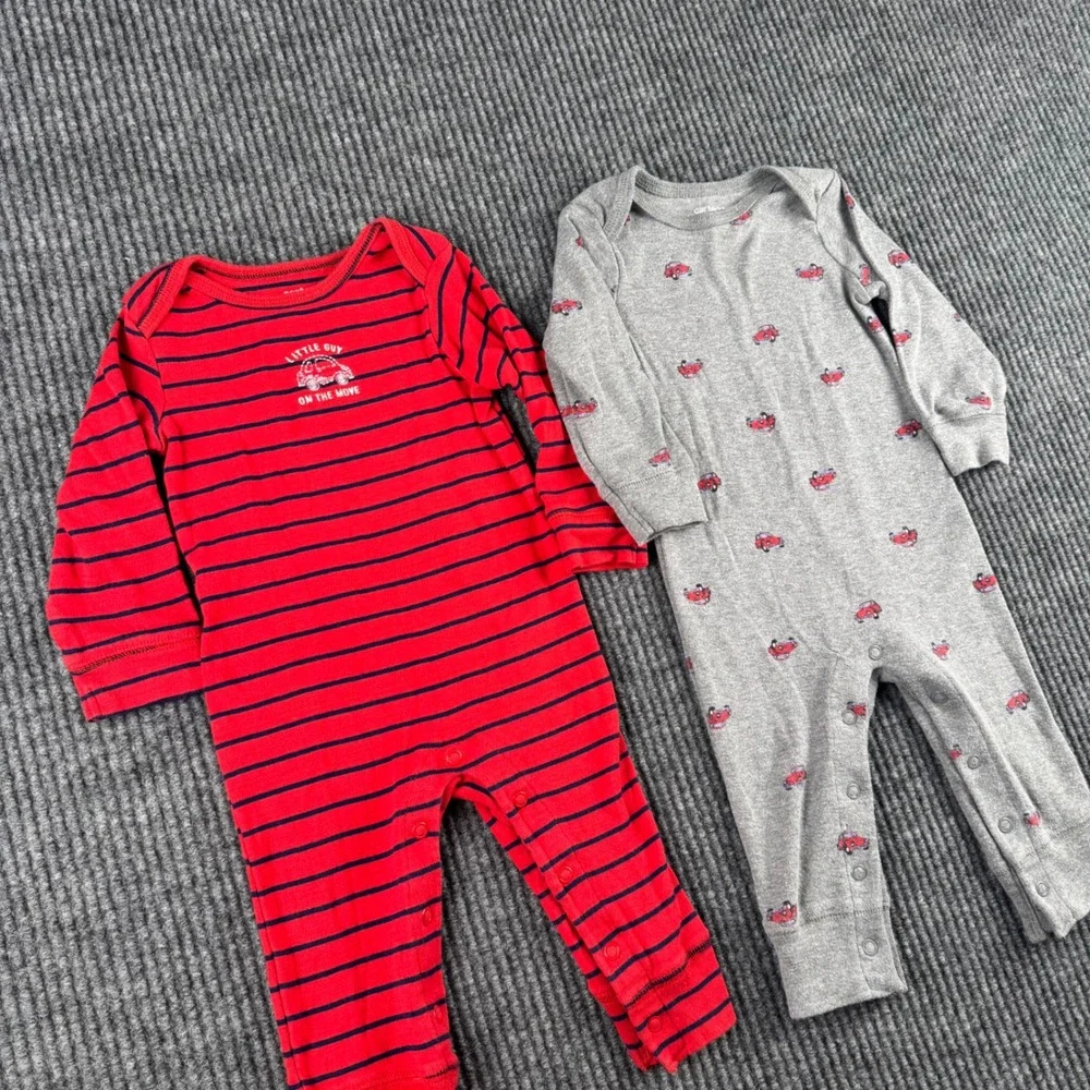 Carters Baby Boy 9M Romper Set 2 Pack Red Striped Gray Car Print Long Sleeve 841